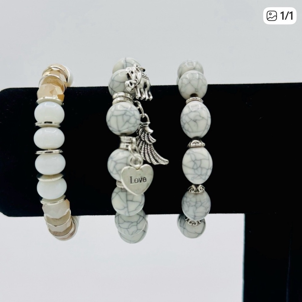 Elegant Silver and White Beaded Bracelet Set